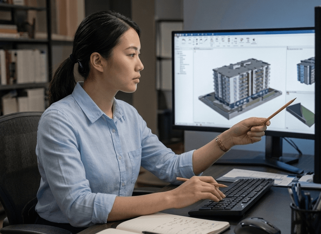 Architect reviewing building plans on screen